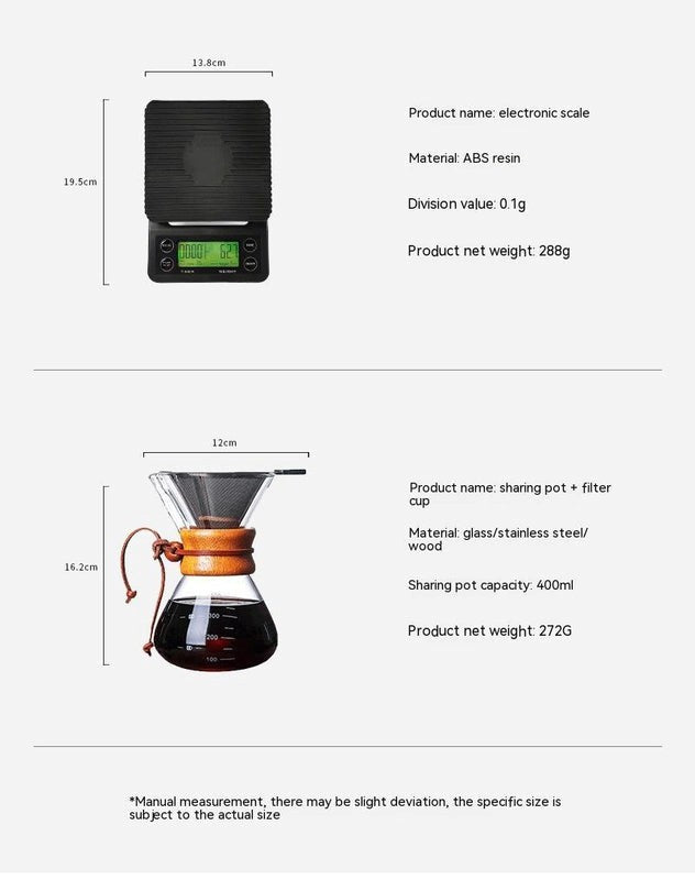 Measurement details of an electronic scale and a coffee sharing pot with filter cap on a white background.