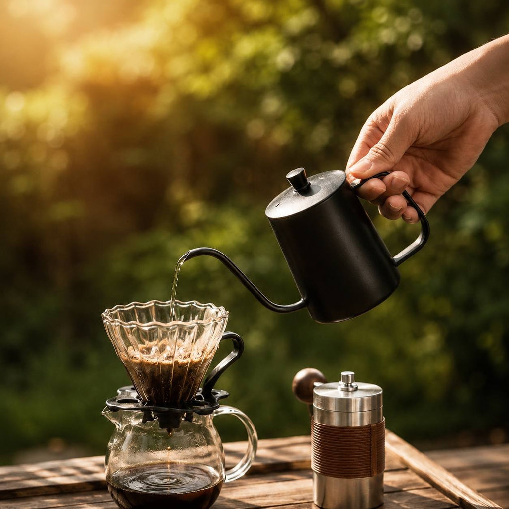 Black stainless steel hand brewing kettle being used with a glass coffee maker on a green background.