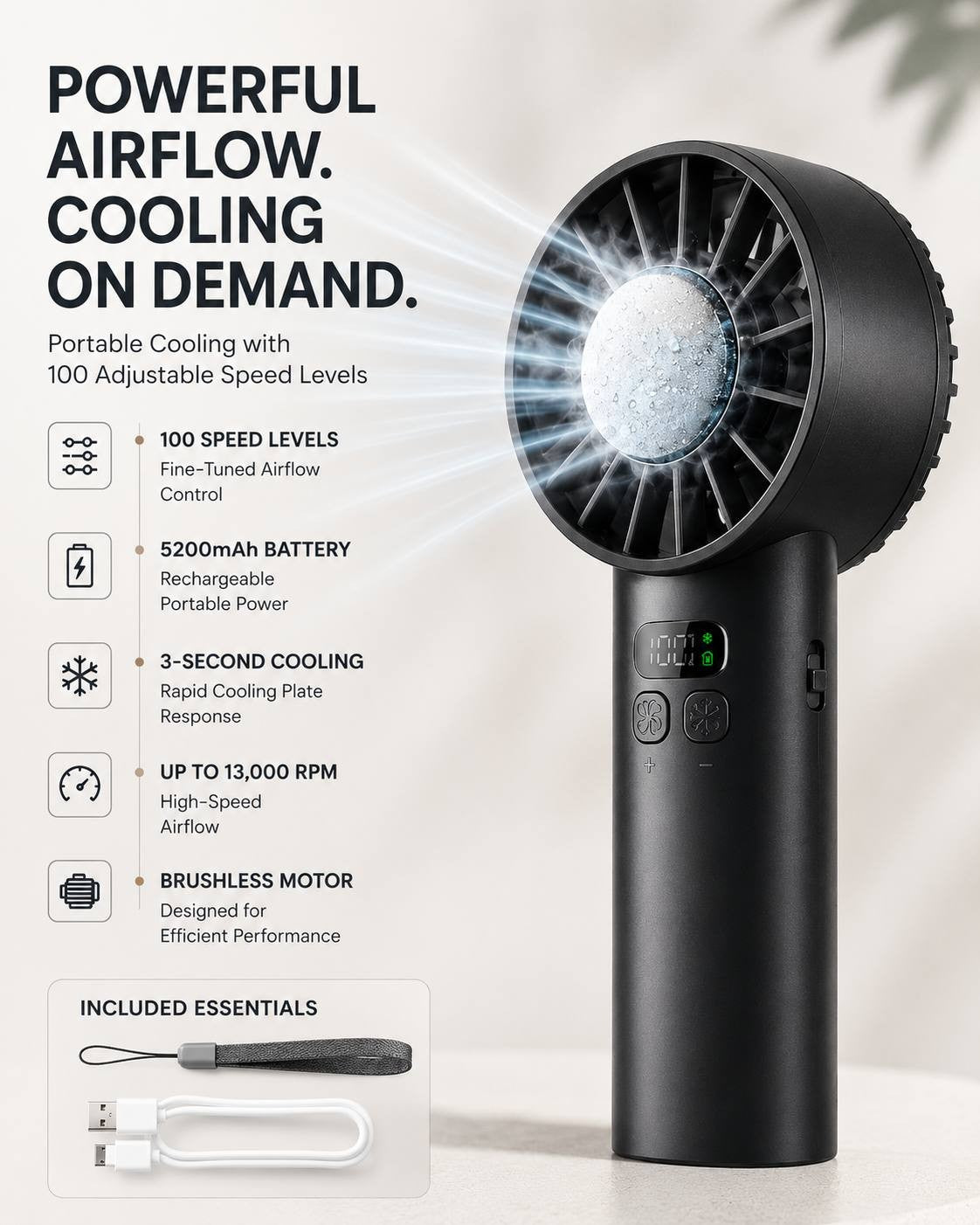 Product infographic displaying key features of a portable handheld cooling fan: 100 adjustable speed levels, 5200mAh rechargeable battery, 3-second rapid cooling plate response, up to 13,000 RPM high-speed airflow, efficient brushless motor, lanyard, and charging cable.