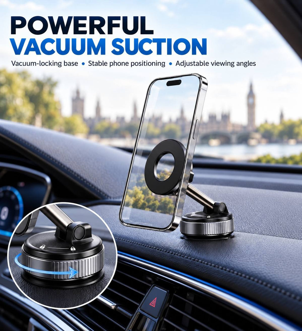 Transparent smartphone mounted vertically on a magnetic vacuum holder on a car dashboard, with an inset showing the lock-and-unlock icon indicators on the base.