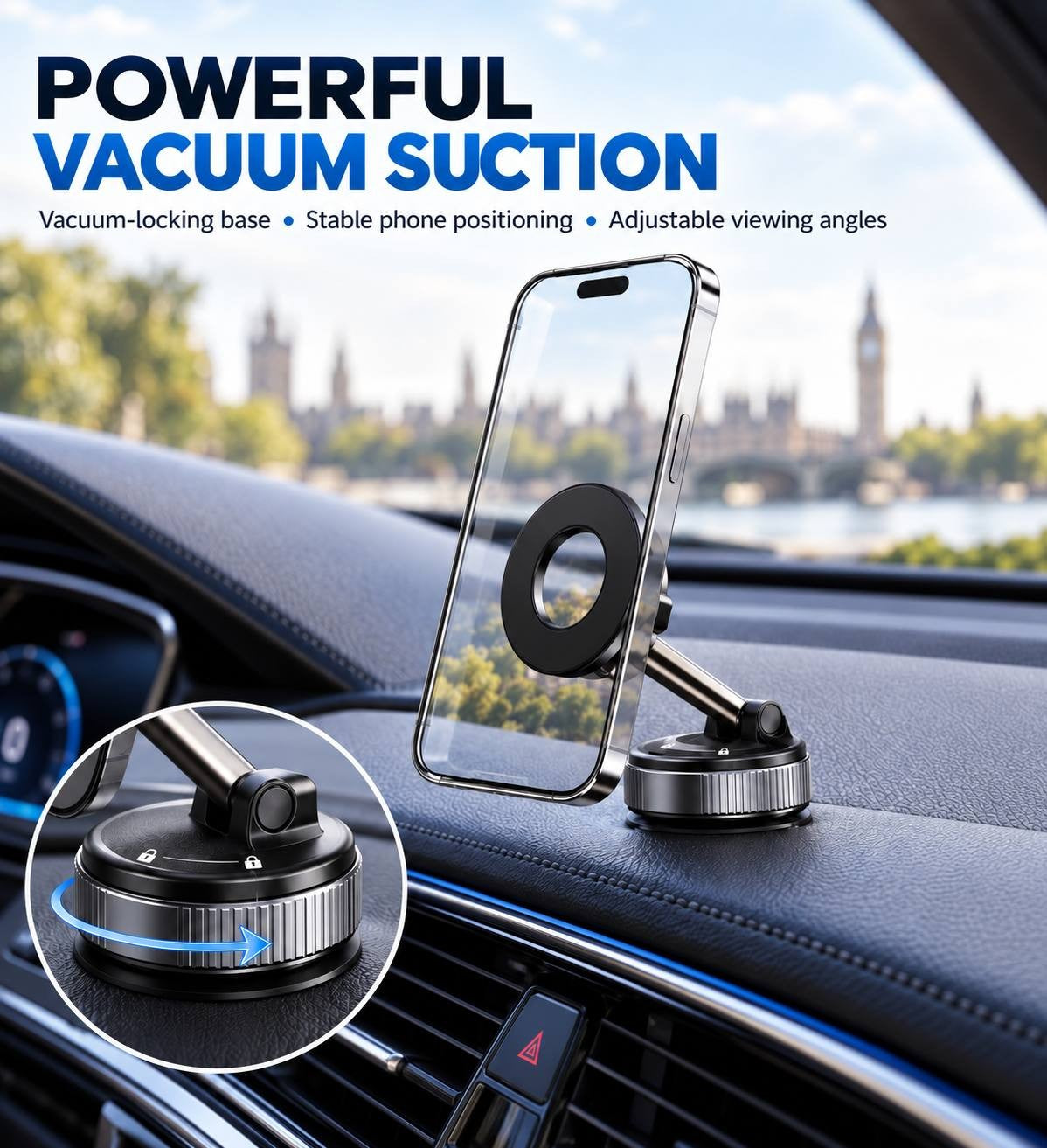 Transparent smartphone mounted vertically on a magnetic vacuum holder on a car dashboard, with an inset showing the lock-and-unlock icon indicators on the base.