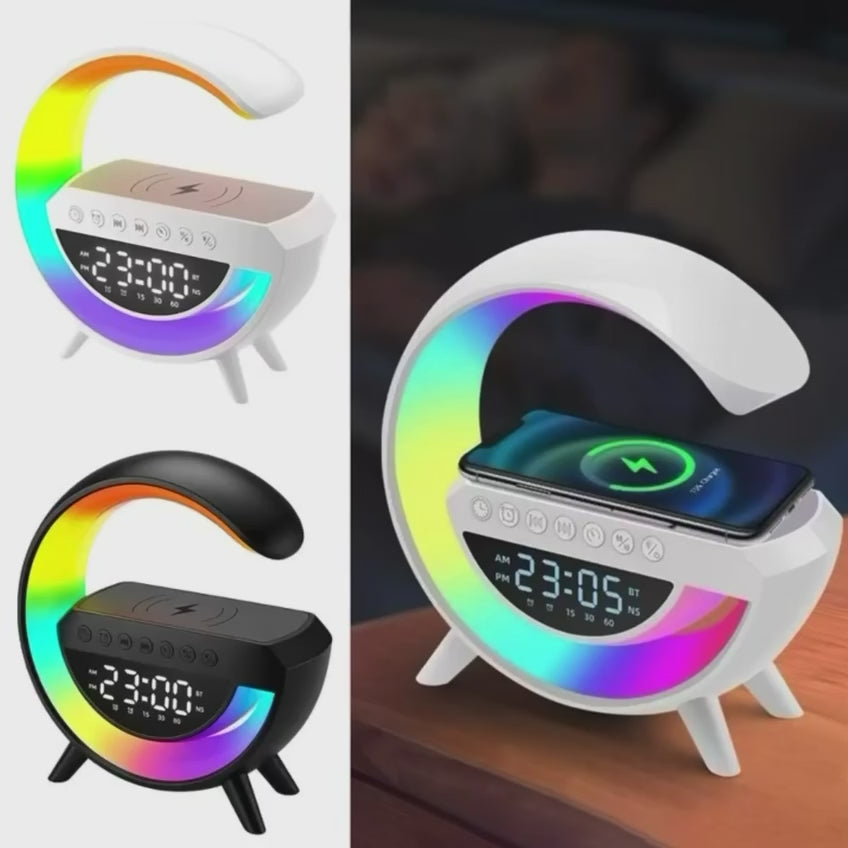 Short video showing G-shaped LED smart atmosphere lamp with Bluetooth speaker, wireless phone charging, and digital clock display.