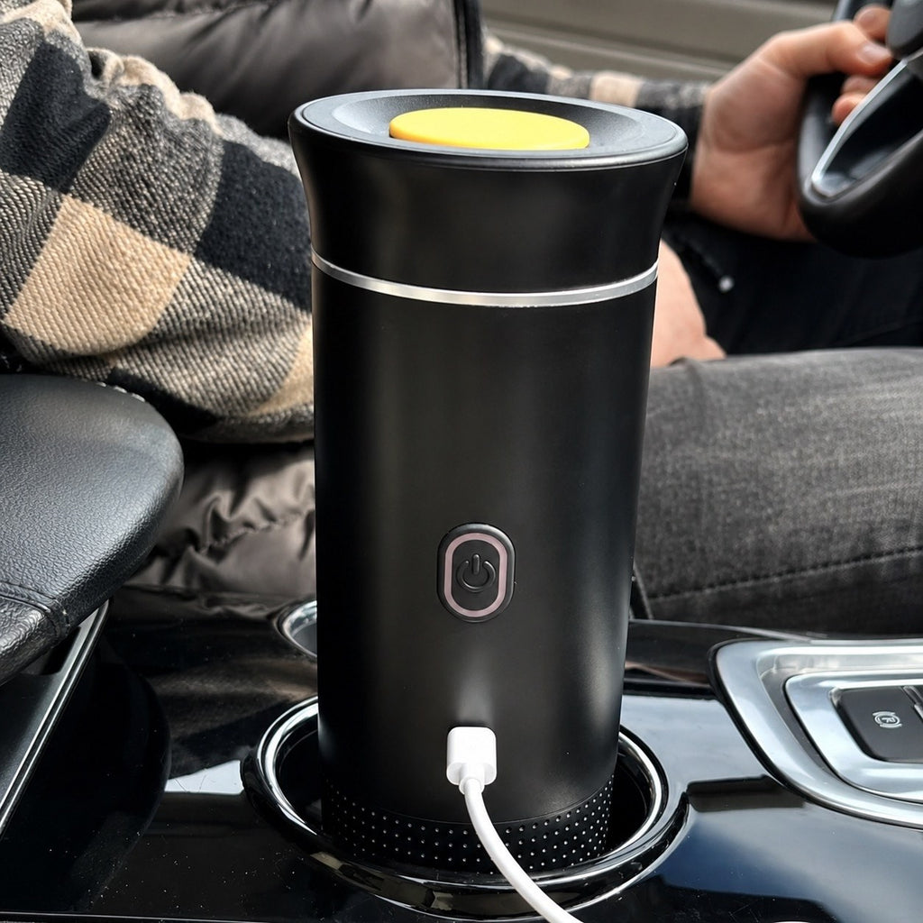 Video showing the brewing process of a portable capsule espresso maker in an outdoor setting