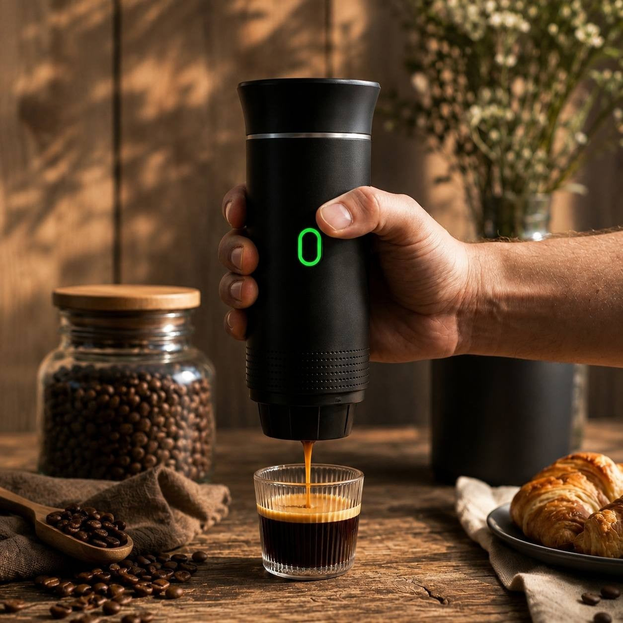 Freshly brewed espresso from portable coffee maker
