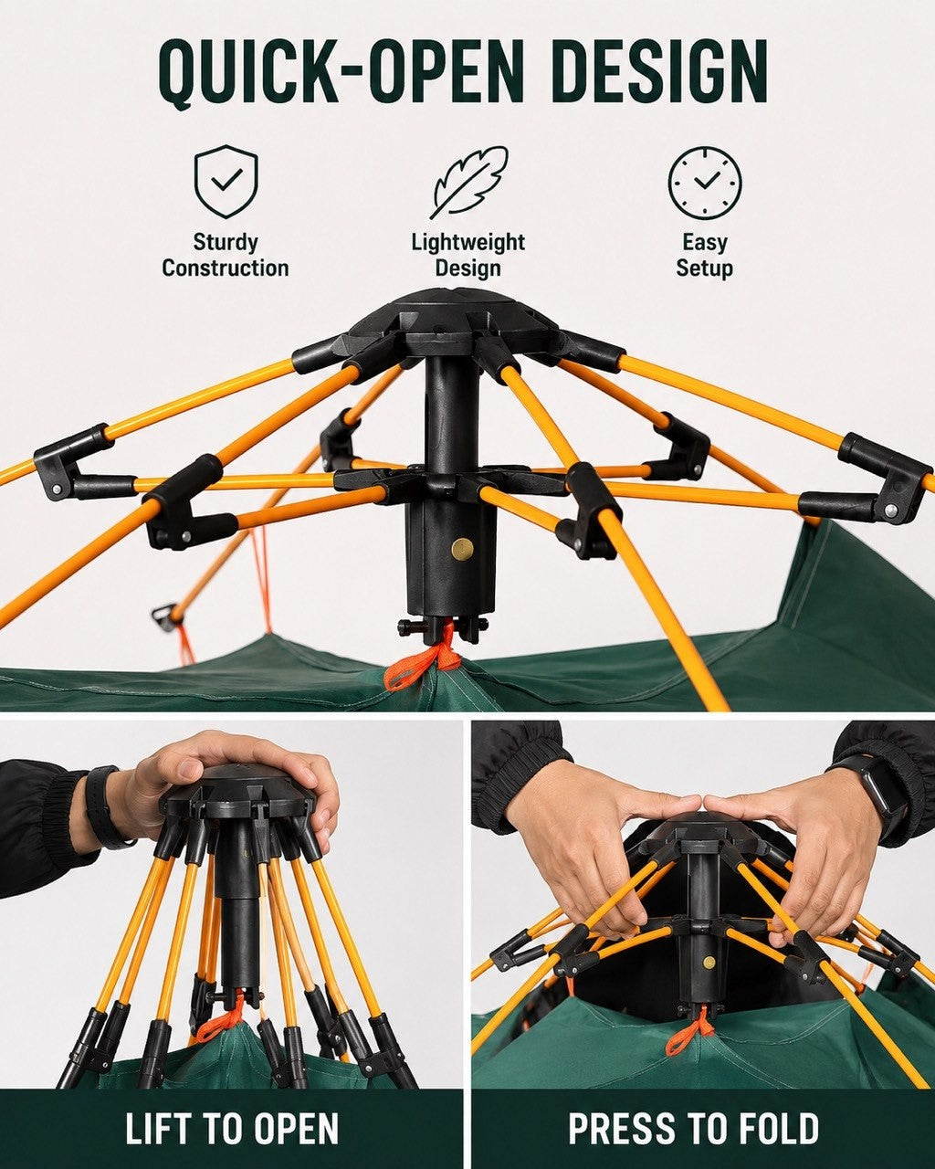 Close-up diagrams of the automatic tent's quick-open hub mechanism, demonstrating the sturdy construction, lightweight design, and easy setup with lift-to-open and press-to-fold features.