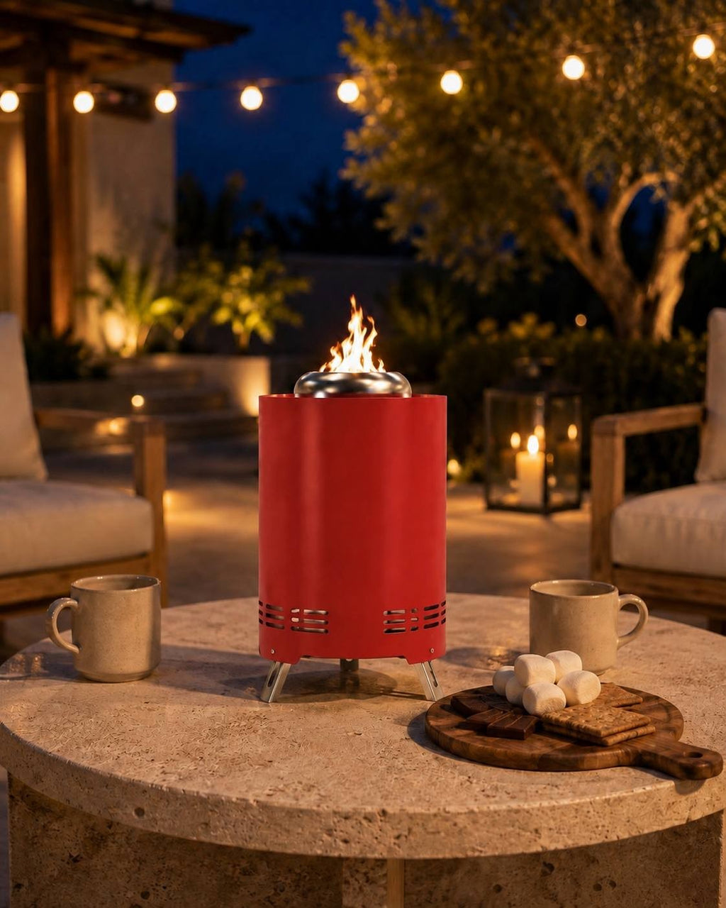 Red tabletop mini fire pit with a burning flame on a round stone table with mugs and a wooden board with marshmallows and chocolate at night.