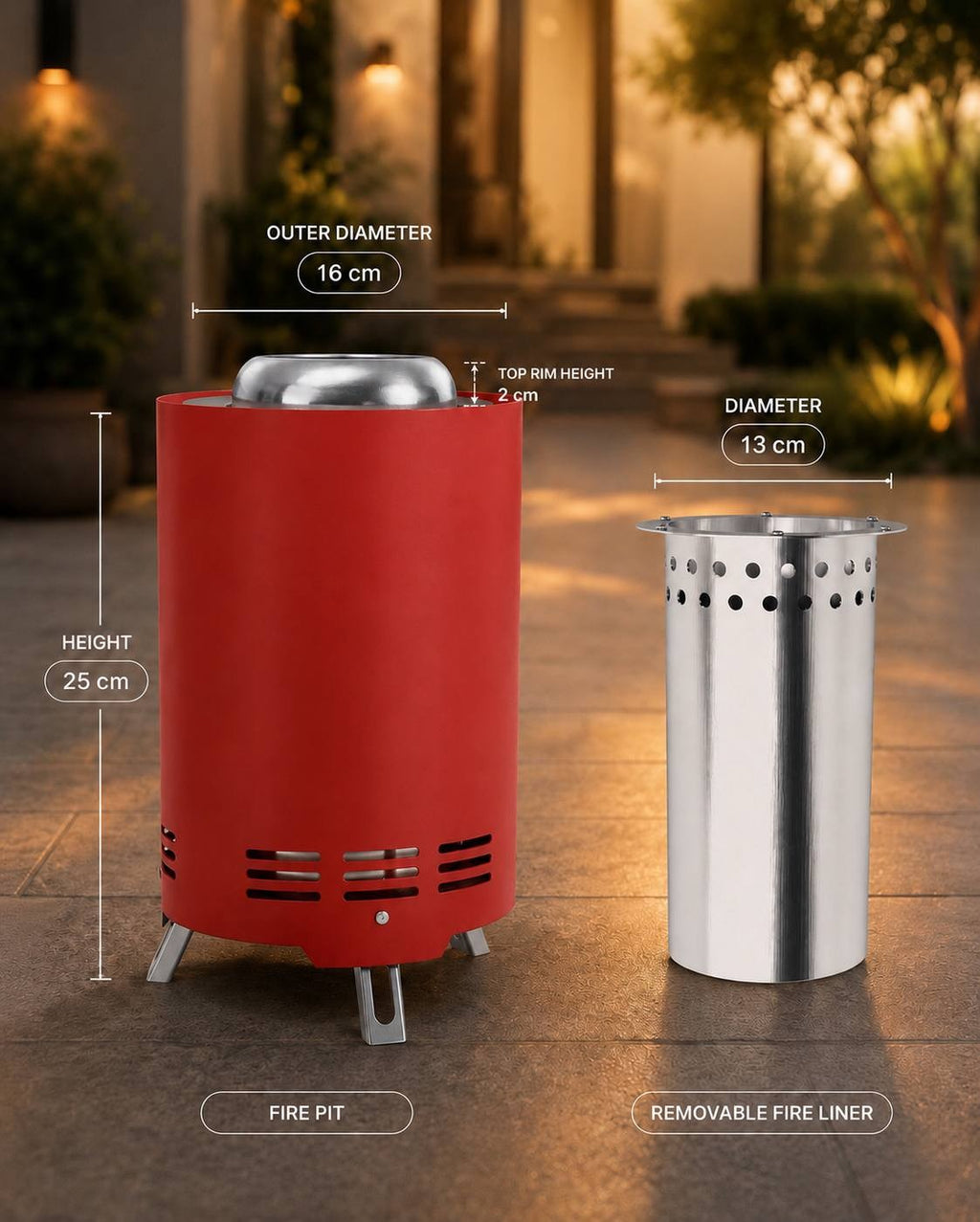 Infographic showing the height (25 cm), outer diameter (16 cm), and the removable stainless steel fire liner with its diameter (13 cm).