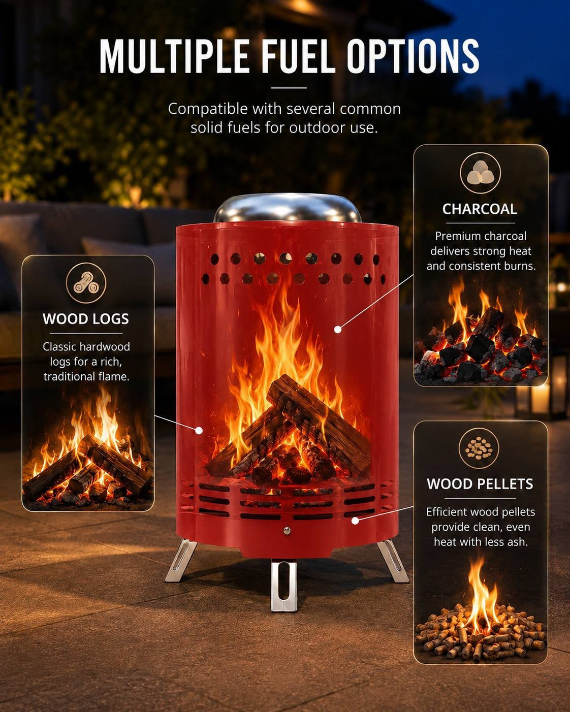 Infographic detailing multiple fuel options including wood logs, charcoal, and wood pellets for a tabletop red mini fire pit.