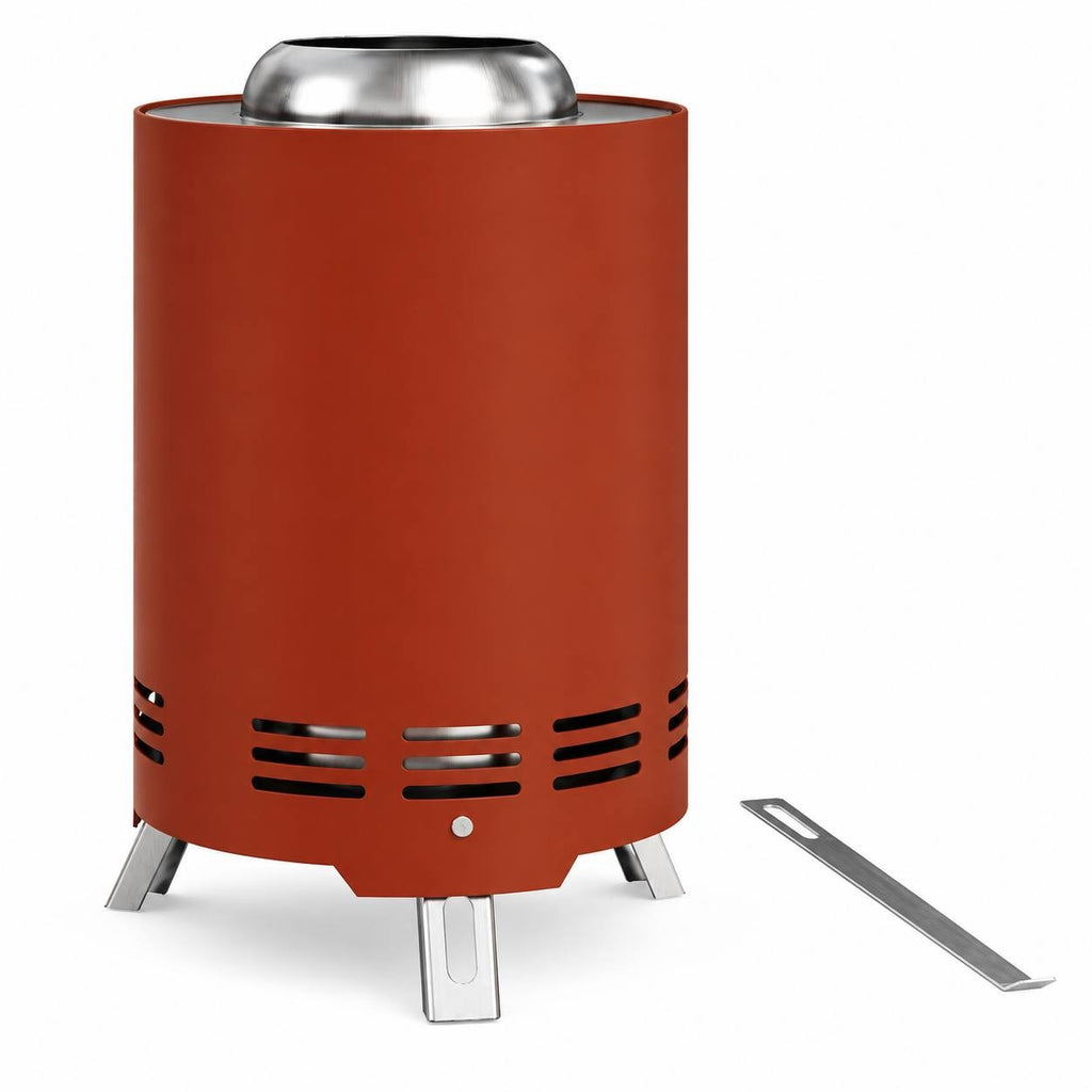 Red tabletop mini fire pit with a metallic top rim, folding stand, and a metal tool isolated on a white background.
