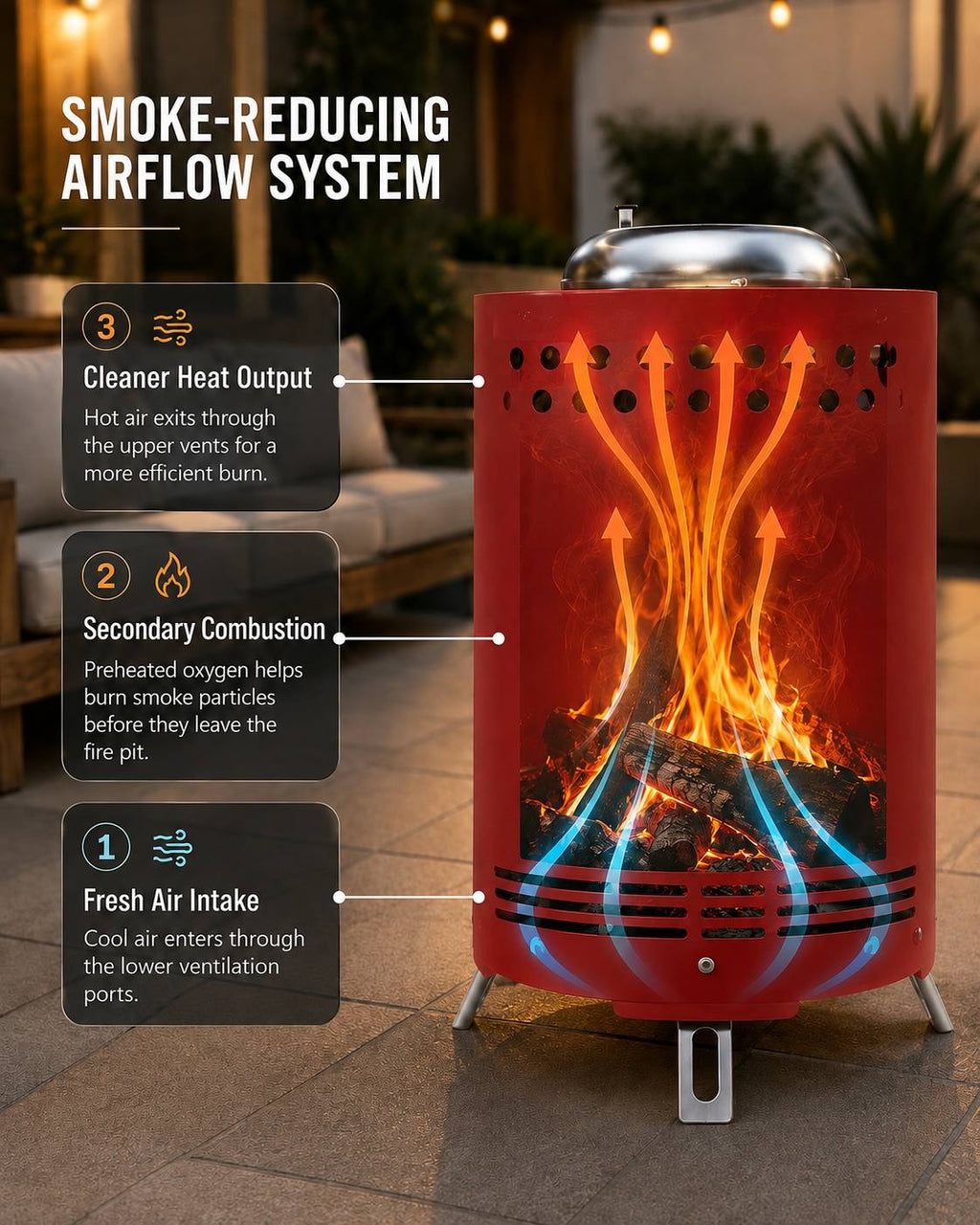 Infographic explaining the smoke-reducing airflow system, fresh air intake, secondary combustion, and cleaner heat output of a mini fire pit.