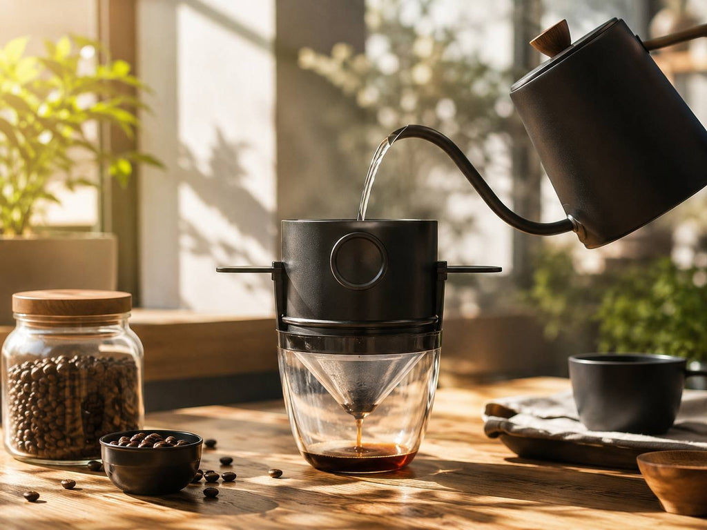 Reusable stainless steel cone coffee filter with black foldable wings brewing pour-over coffee into a clear glass mug on a wooden table