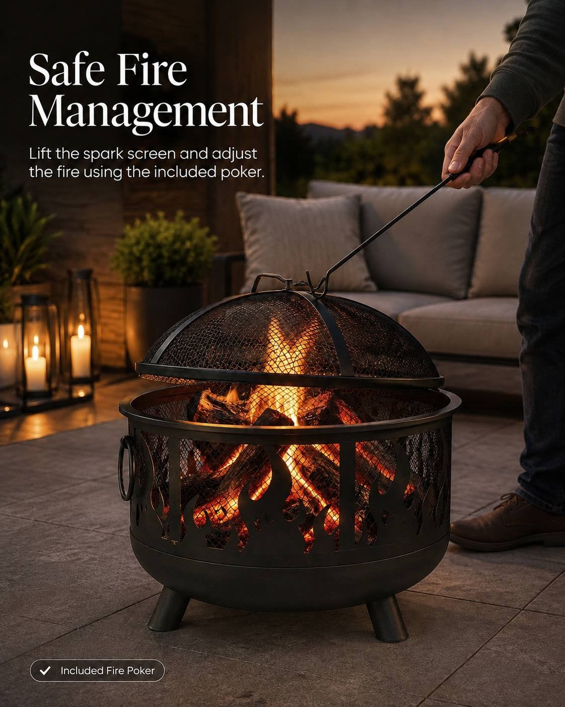 Person using a metal poker to lift the spark screen of a black fire pit on an outdoor patio at dusk, with text overlay about safe fire management.