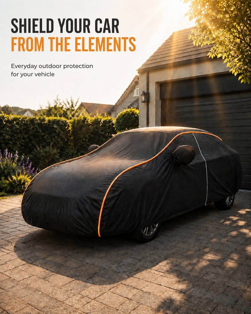Promotional banner with the text "Shield your car from the elements" showing a black car cover parked on a paved driveway with sunlight filtering through trees.
