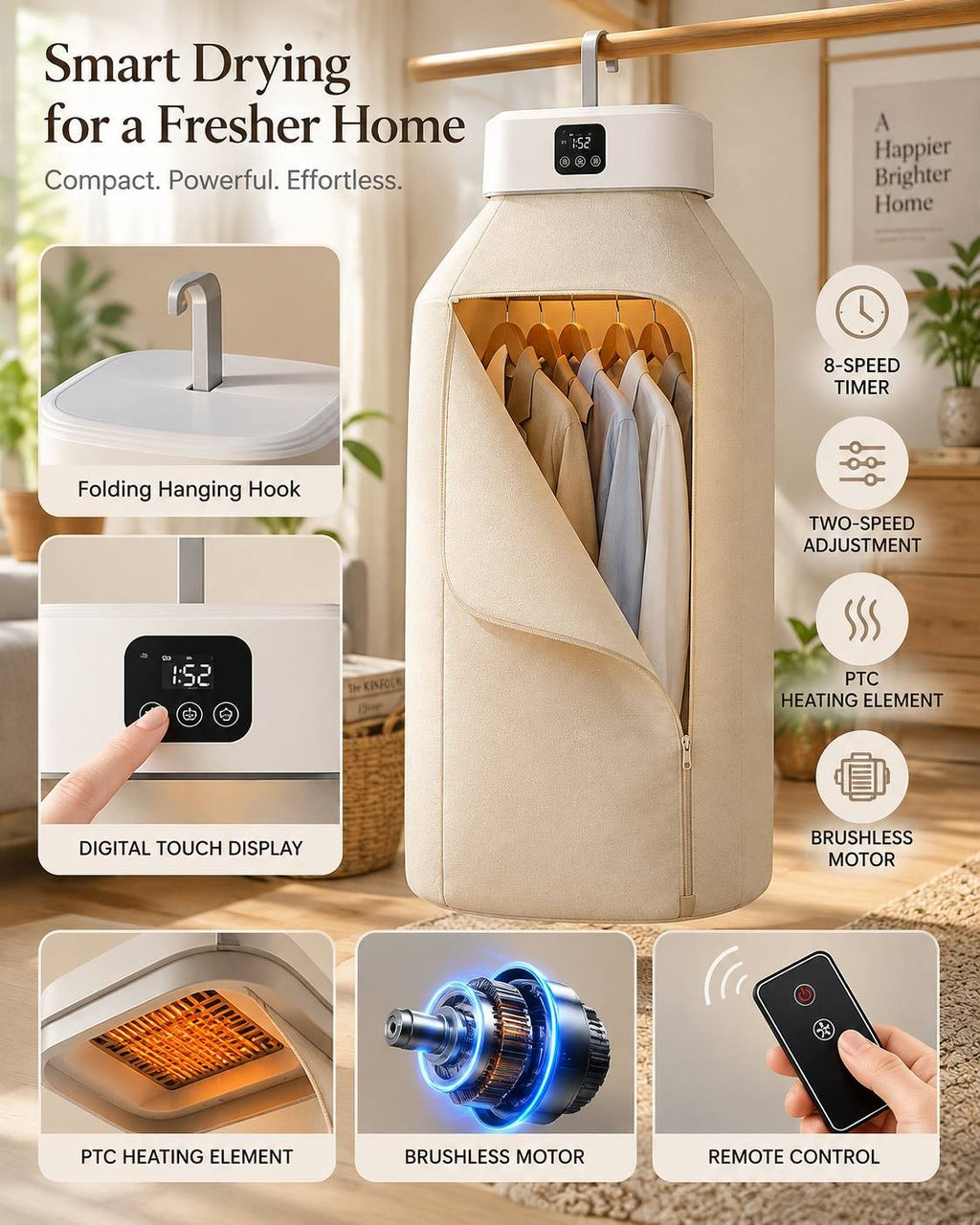 Feature breakdown showing smart drying capabilities, digital touch display, folding hook, PTC heating element, brushless motor, and remote control.