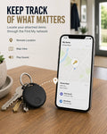 Promotional graphic reading "Keep Track of What Matters" showing a smartphone displaying a map view and location tracking for house keys attached to a black smart tracker.
