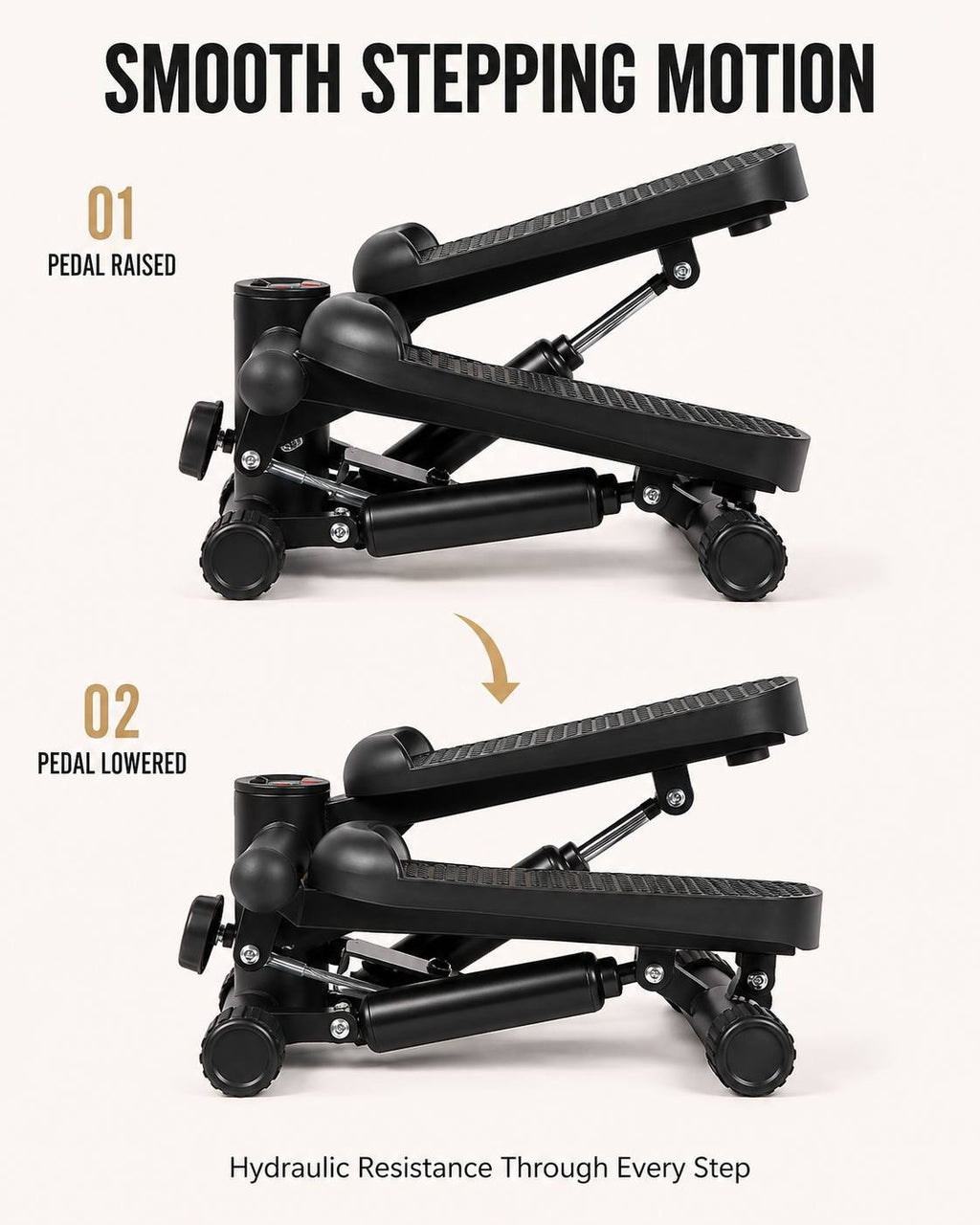 A product demonstration image showing the two phases of stepping motion on a black exercise stepper: 01 pedal raised and 02 pedal lowered, highlighting hydraulic resistance through every step.