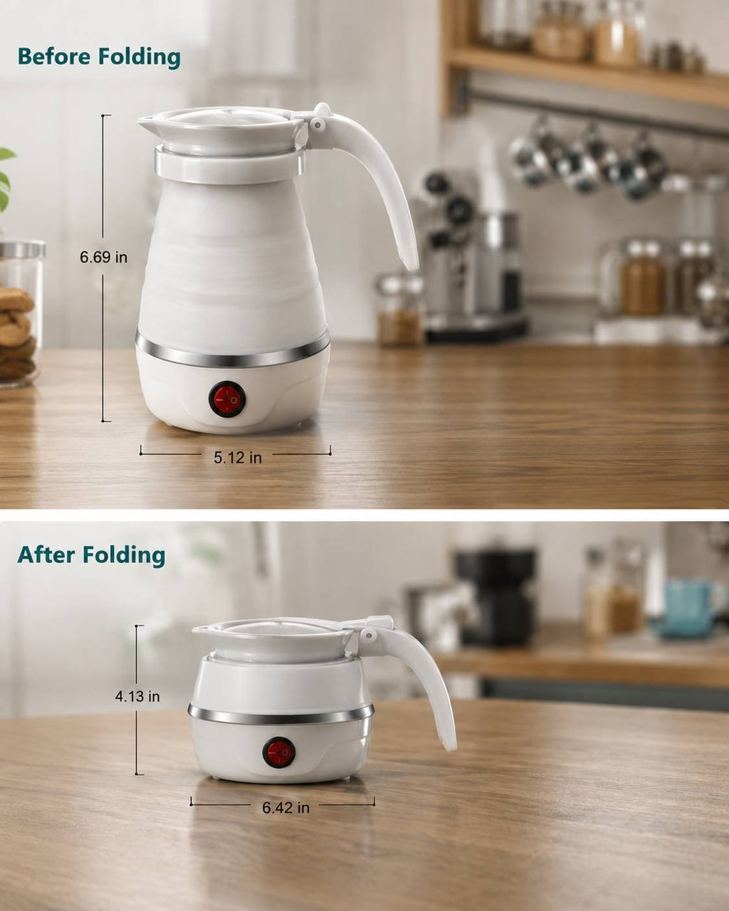 Technical diagram with dimensions (before and after folding) of the white collapsible electric kettle.