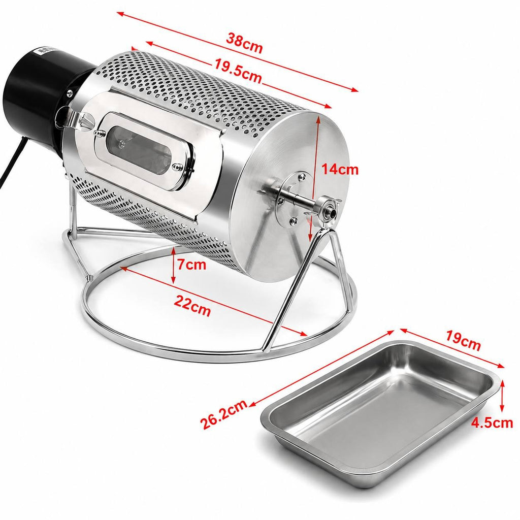 Technical dimensions of a stainless steel coffee bean roaster, highlighting the drum size, stand, and cooling tray.