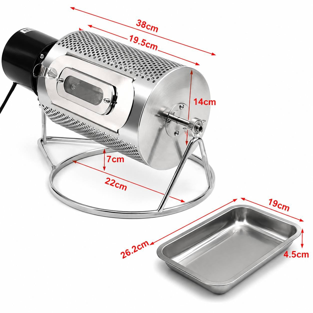 Technical dimensions of a stainless steel coffee bean roaster, highlighting the drum size, stand, and cooling tray.