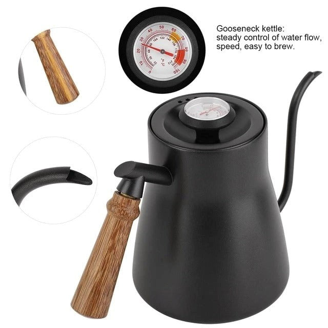 Black gooseneck kettle with wooden handle and temperature gauge on a white background