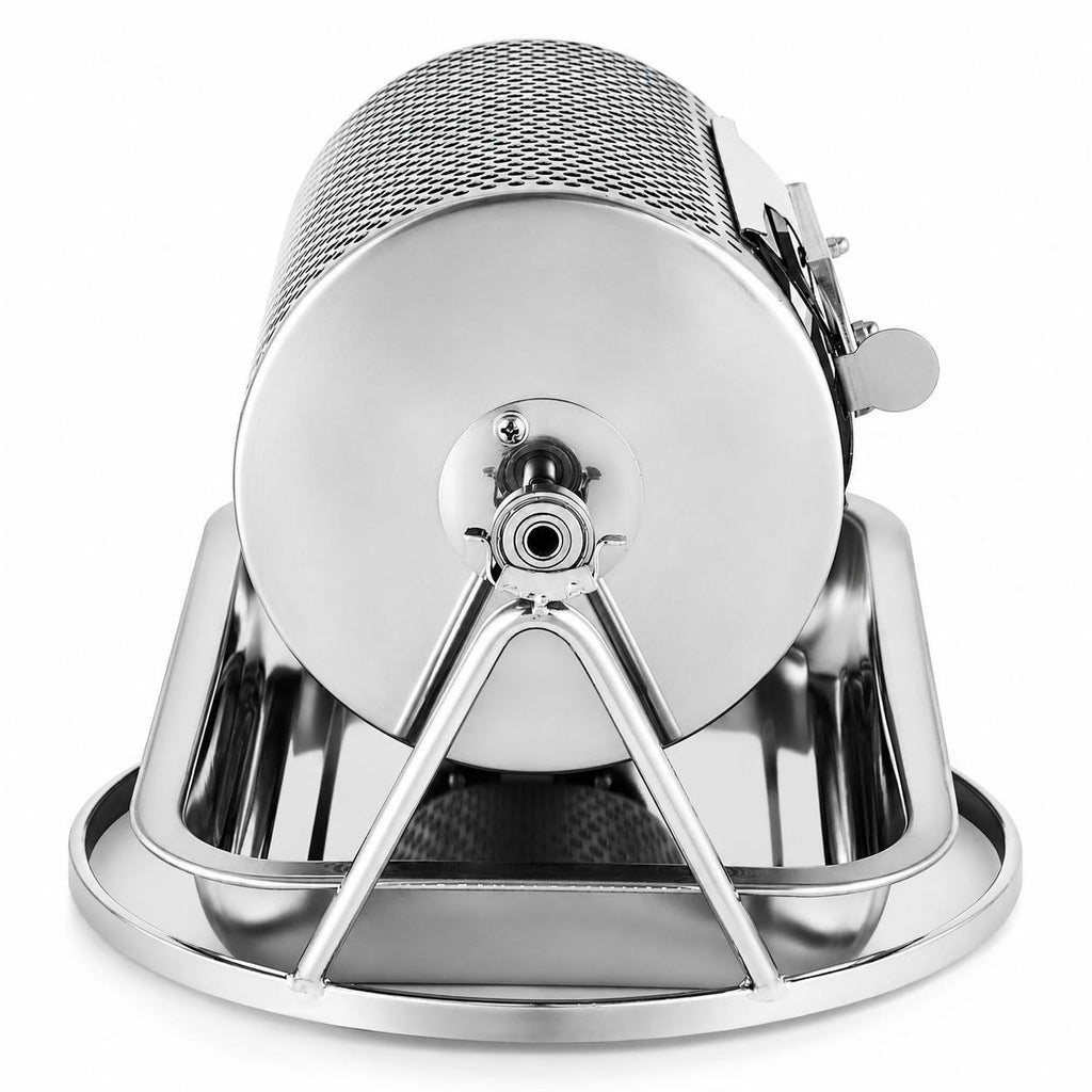 Stainless steel coffee roaster drum mounted on a sturdy stand with an integrated cooling tray, rear view.