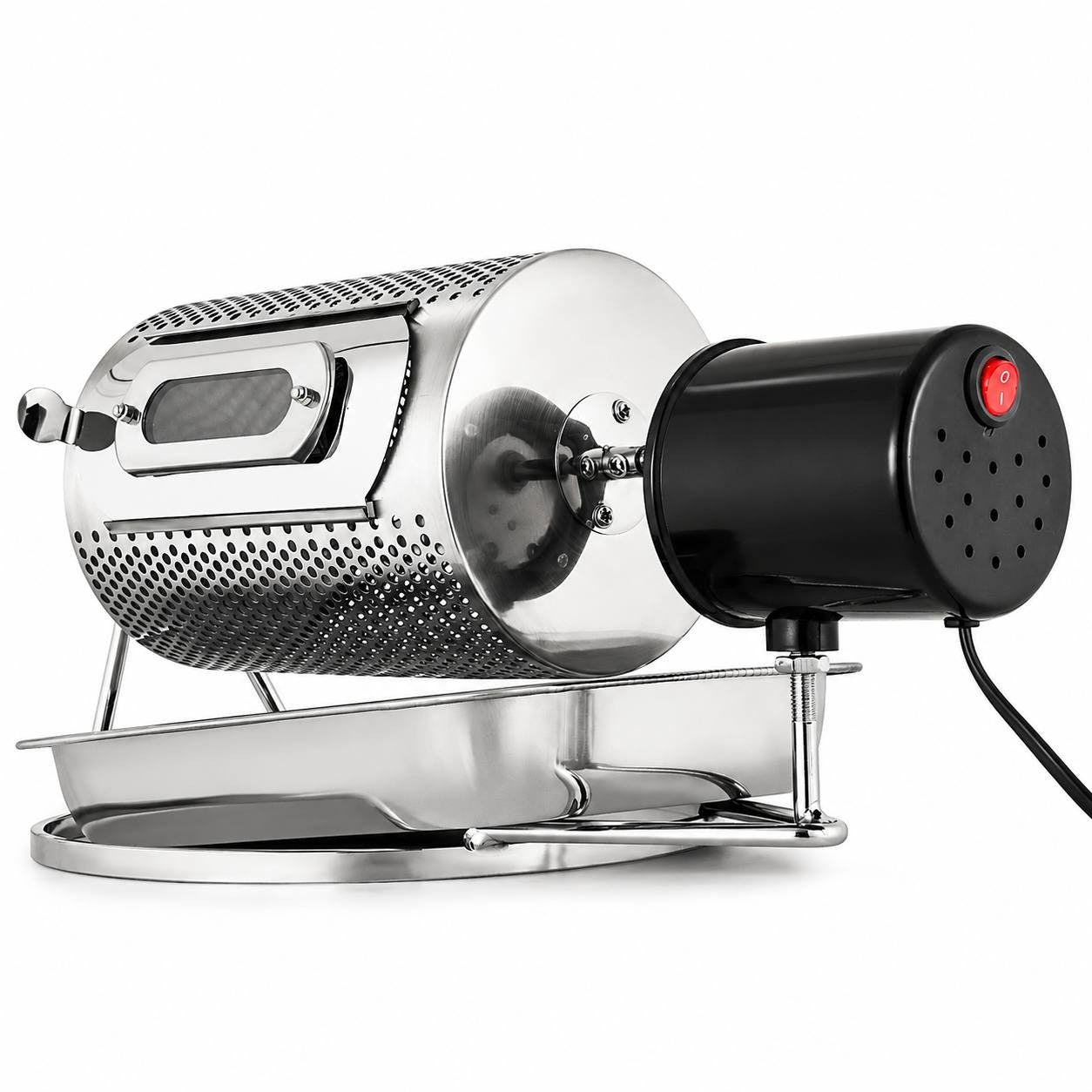 Stainless steel electric coffee bean roaster with automatic motor and cooling tray for home roasting.