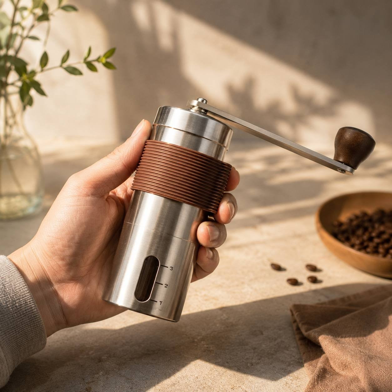 Hand holding a portable coffee grinder with a blurred green background.