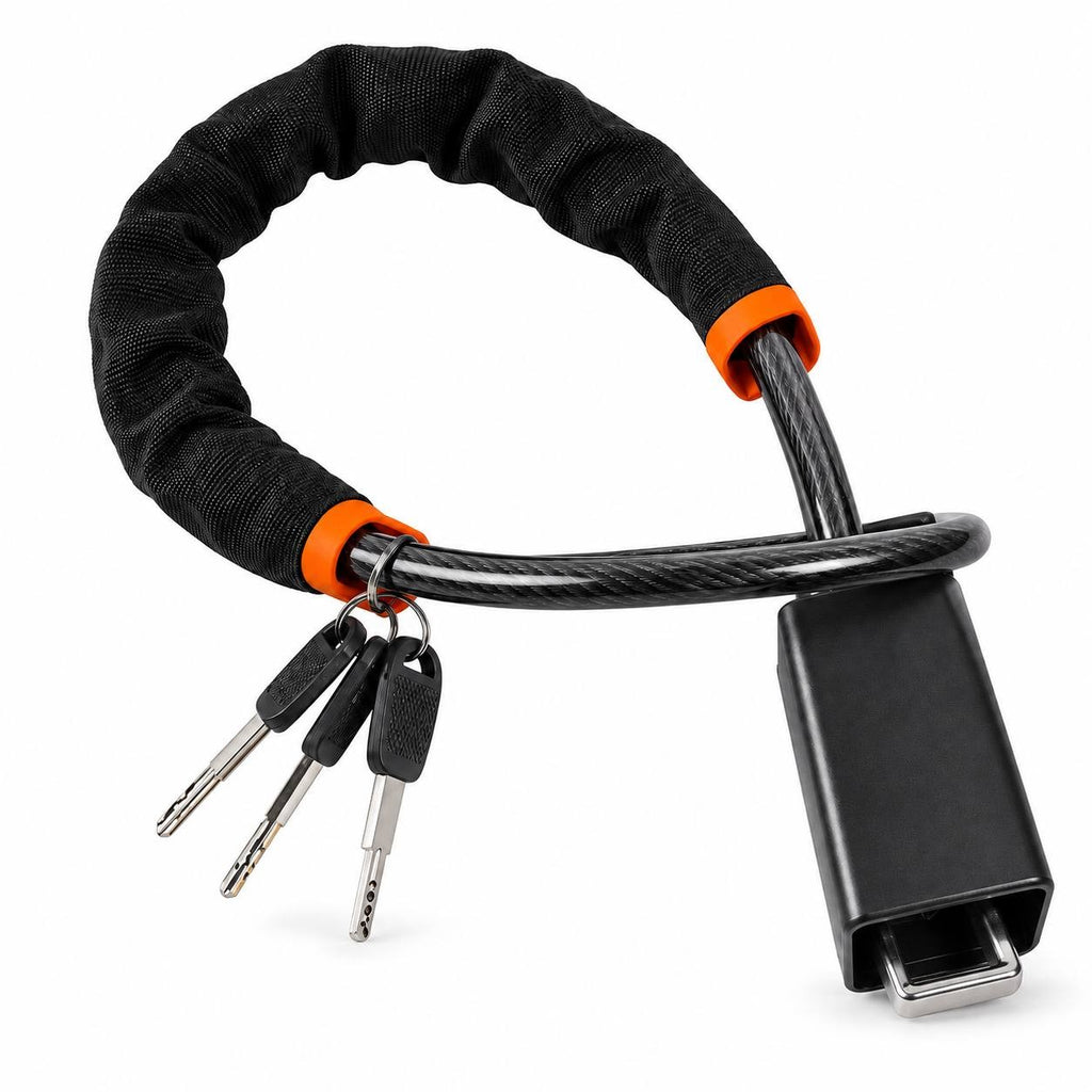 Studio product photo of a black braided steel steering wheel security lock coiled up with three matching keys attached on a white background.