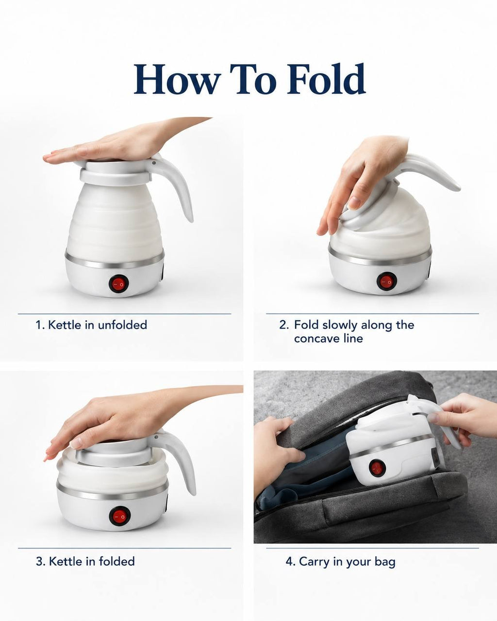 Illustrated guide showing four simple steps to fold the portable kettle and pack it into a travel bag.