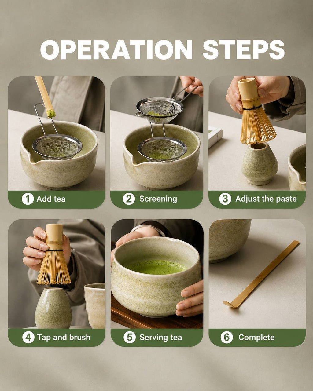 Six-step instructional guide showing the process of preparing matcha tea using a bowl, strainer, and bamboo whisk.