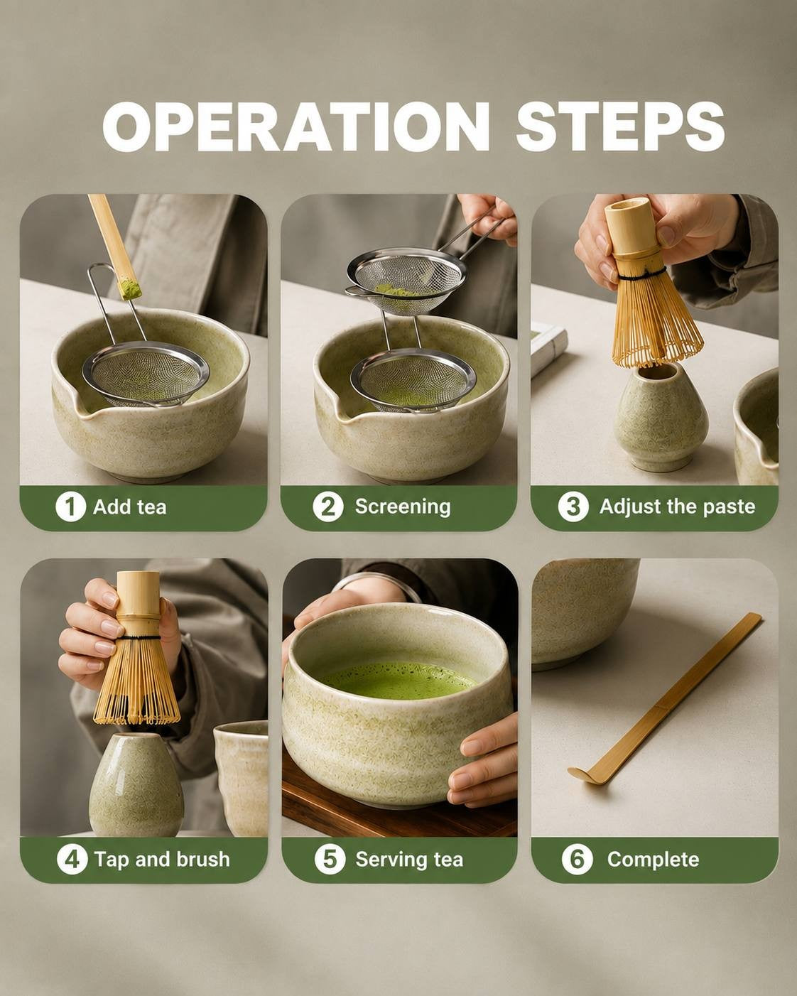 Six-step instructional guide showing the process of preparing matcha tea using a bowl, strainer, and bamboo whisk.