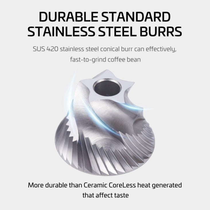 Stainless steel burr for coffee grinders with text highlighting durability and material.