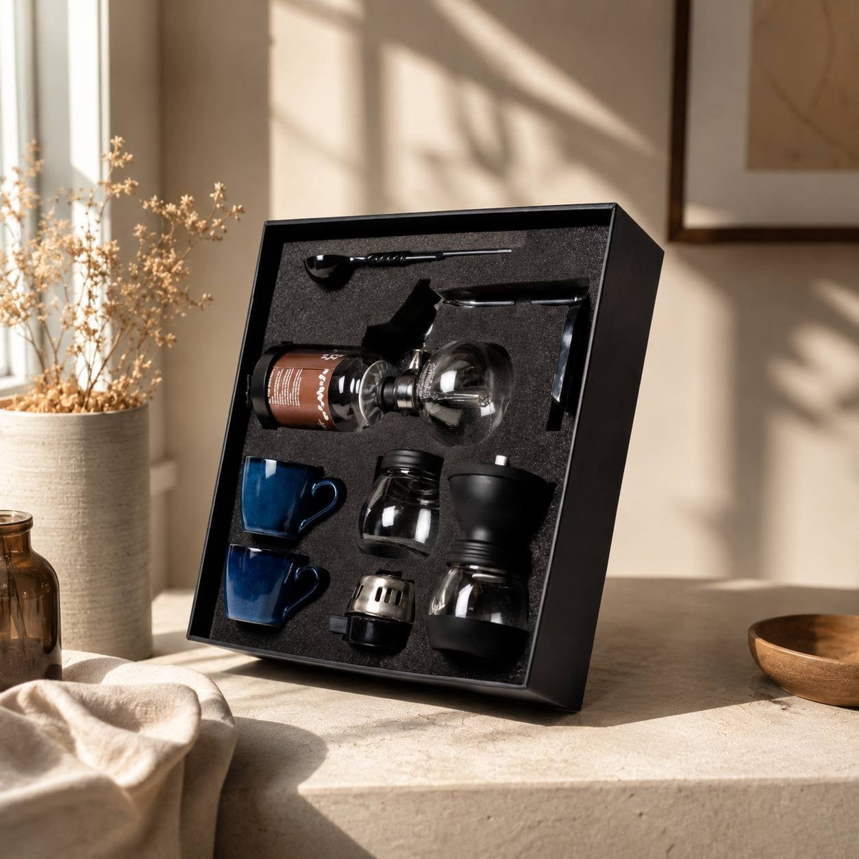 Syphon coffee maker gift set with a manual grinder, burner, and blue ceramic cups arranged in a luxury black gift box.