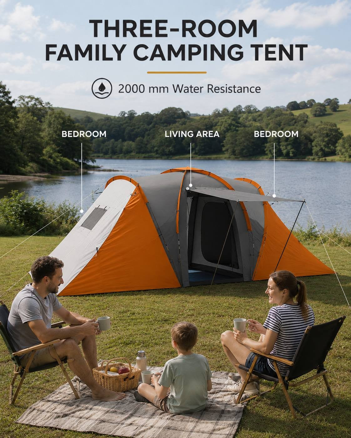 Family of three sitting on picnic chairs in front of a large orange and grey camping tent by a lake, featuring text overlays indicating a three-room design and 2000 mm water resistance.