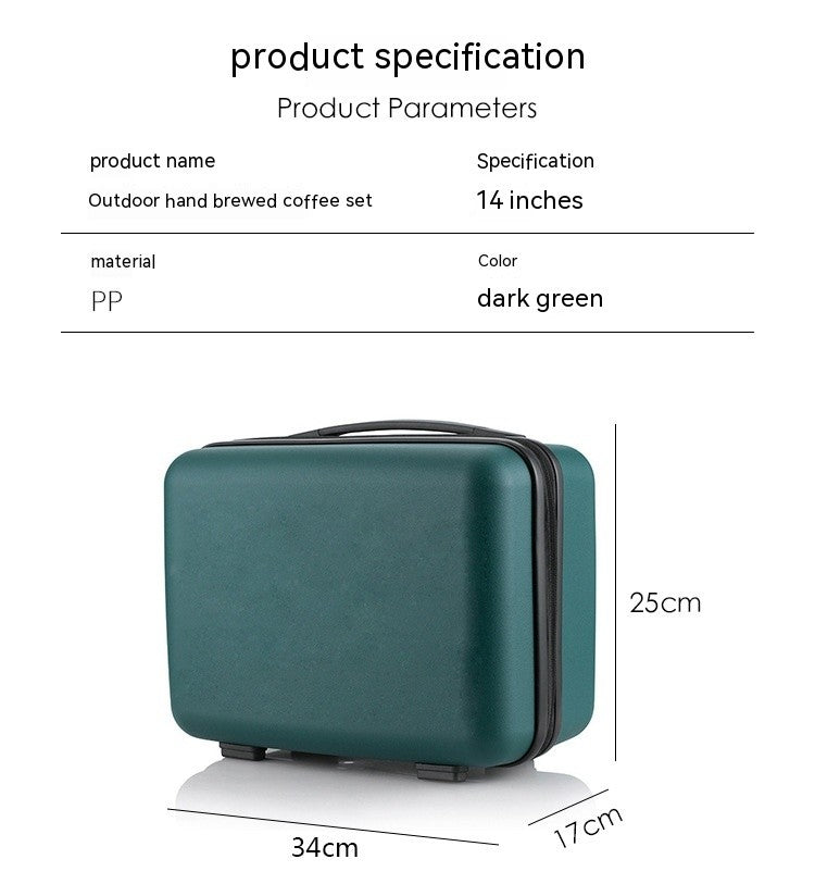 Green travel case with product specifications on a white background