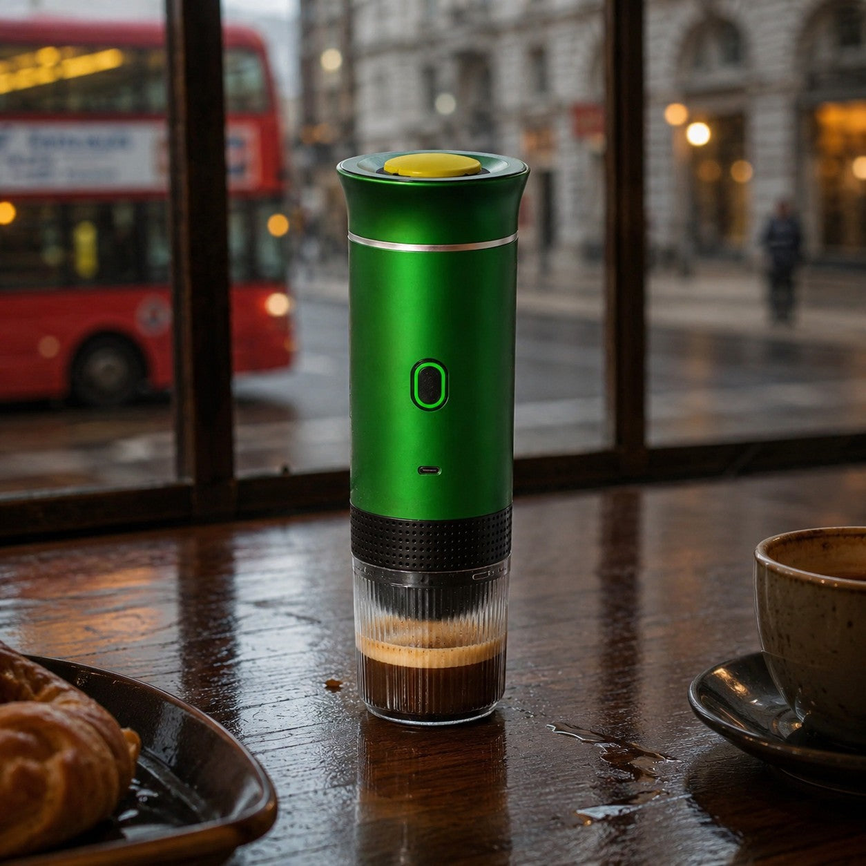 Green portable coffee maker on a table with a city street view in the background