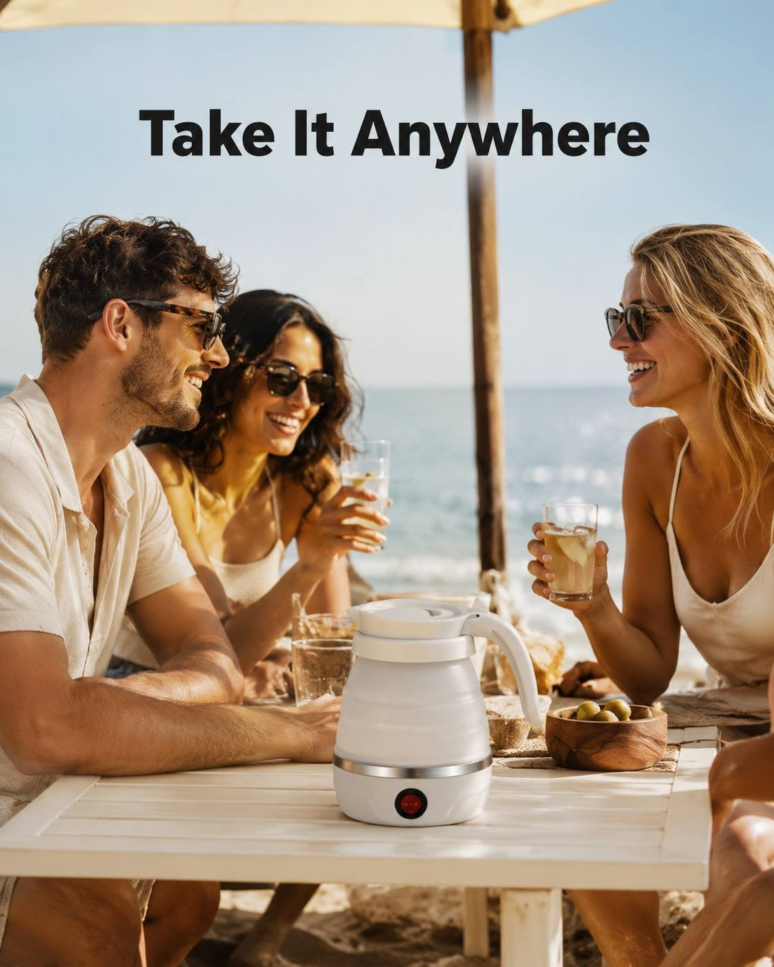 Group of friends at a beach cafe table with a portable collapsible kettle, promoting its use anywhere.