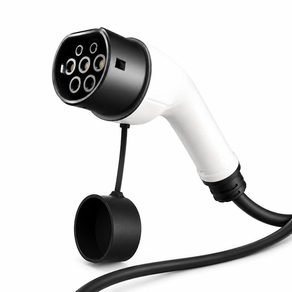 Close-up view of a white and black Type 2 electric vehicle charging connector with a protective rubber cap hanging down against a clean white background.