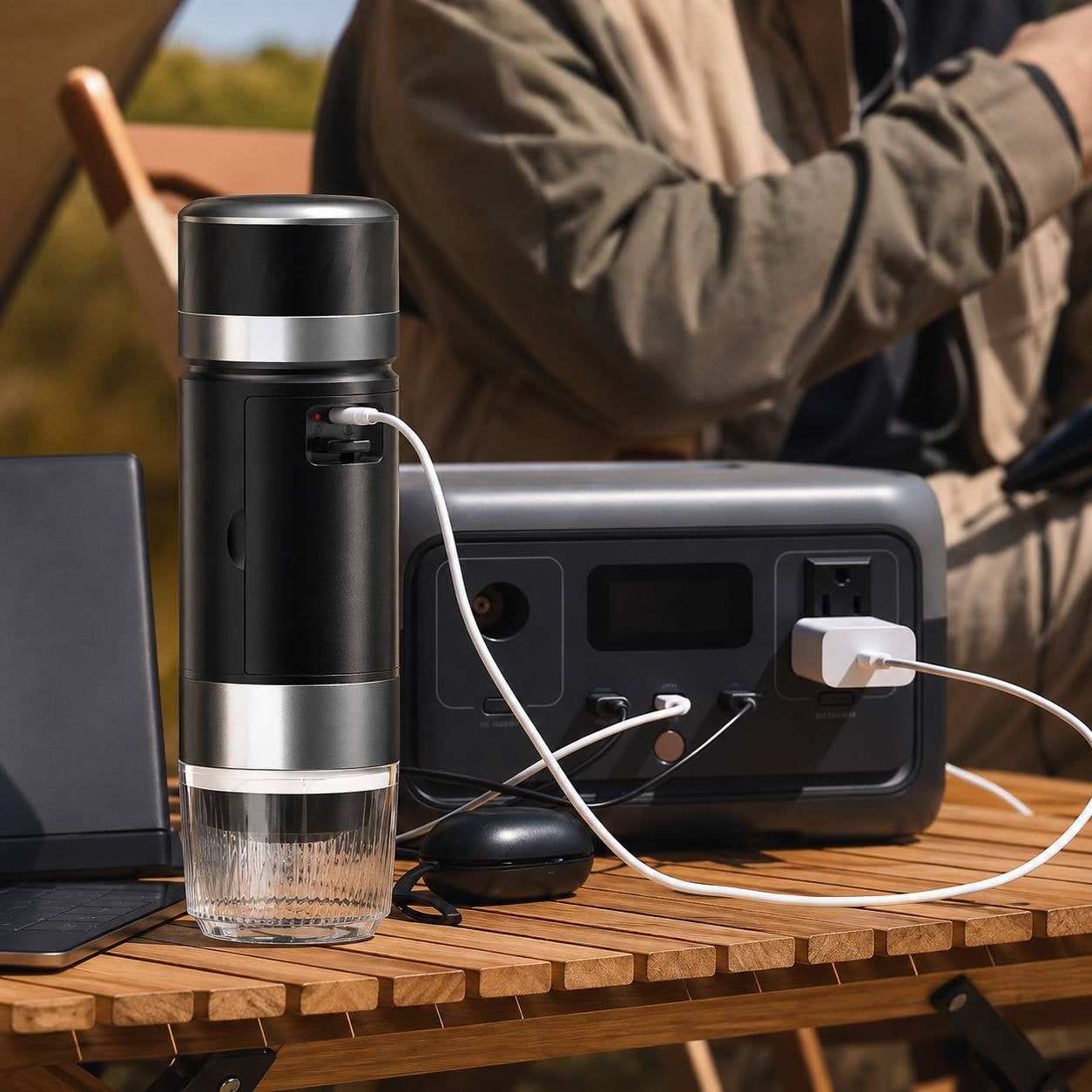 USB rechargeable travel espresso maker setup on a wooden folding table during an outdoor camping trip.