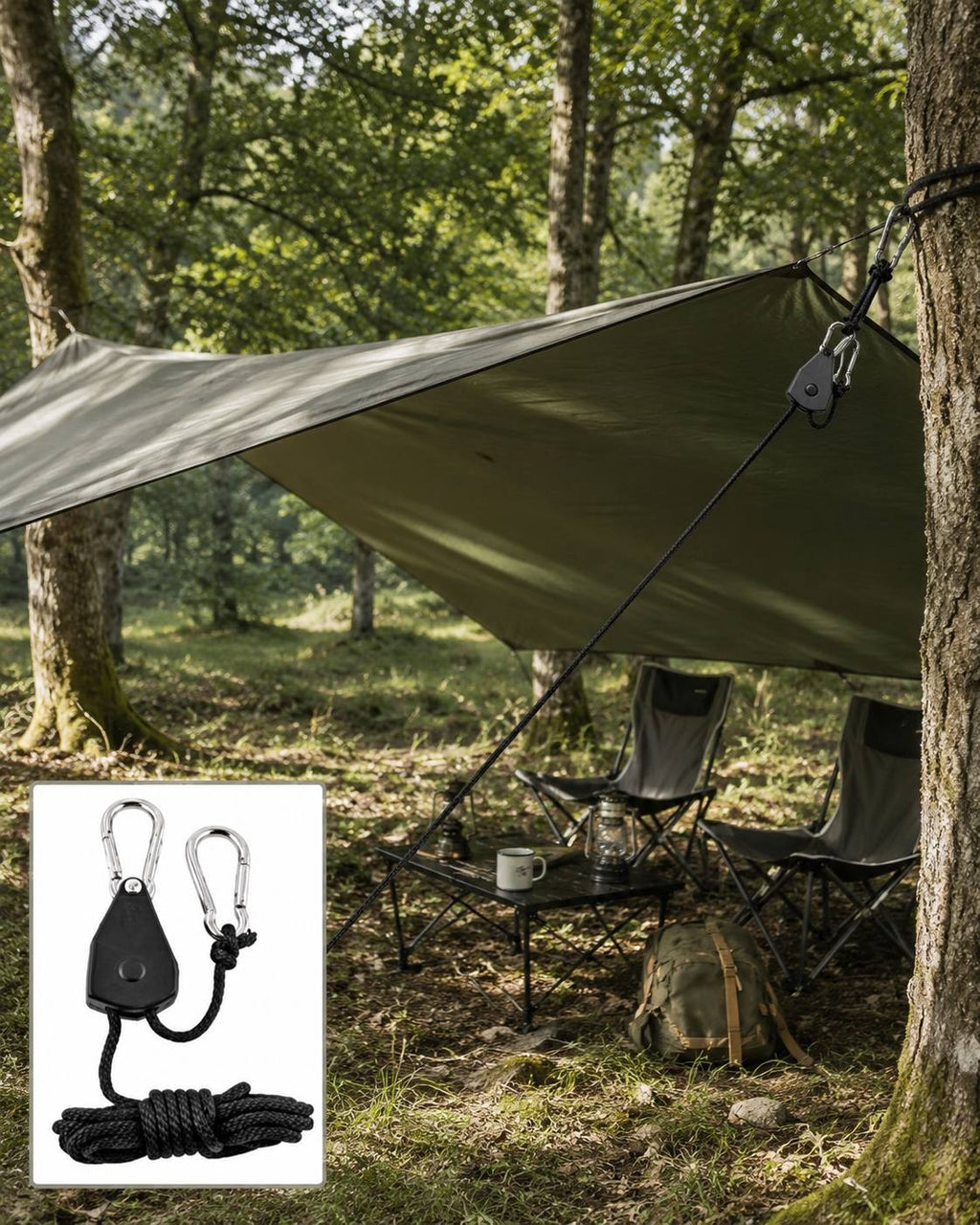 A close-up showing a black rope ratchet holding a tensioned guy line attached to a green tarp loop, with a tent visible in the background.