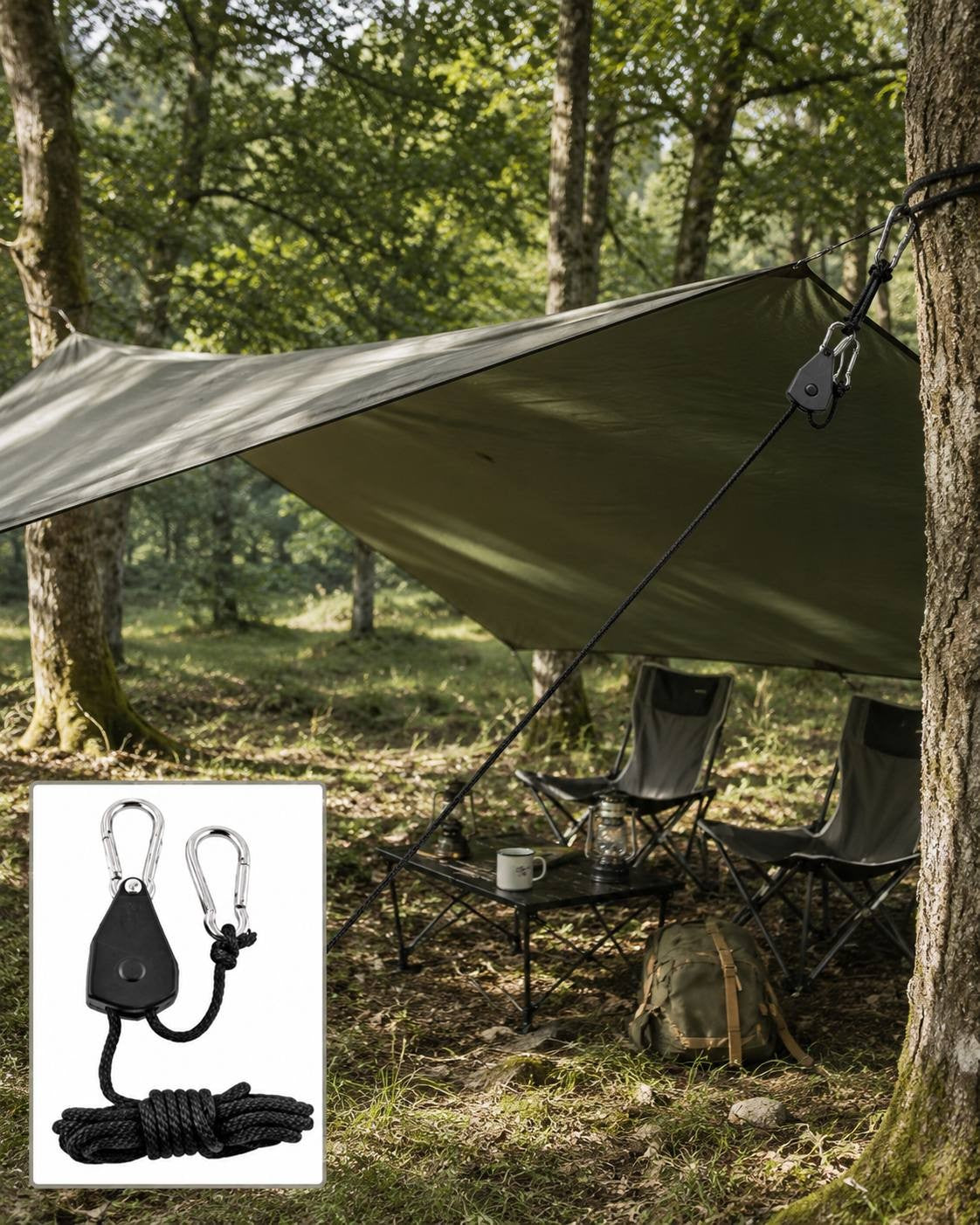 A close-up showing a black rope ratchet holding a tensioned guy line attached to a green tarp loop, with a tent visible in the background.
