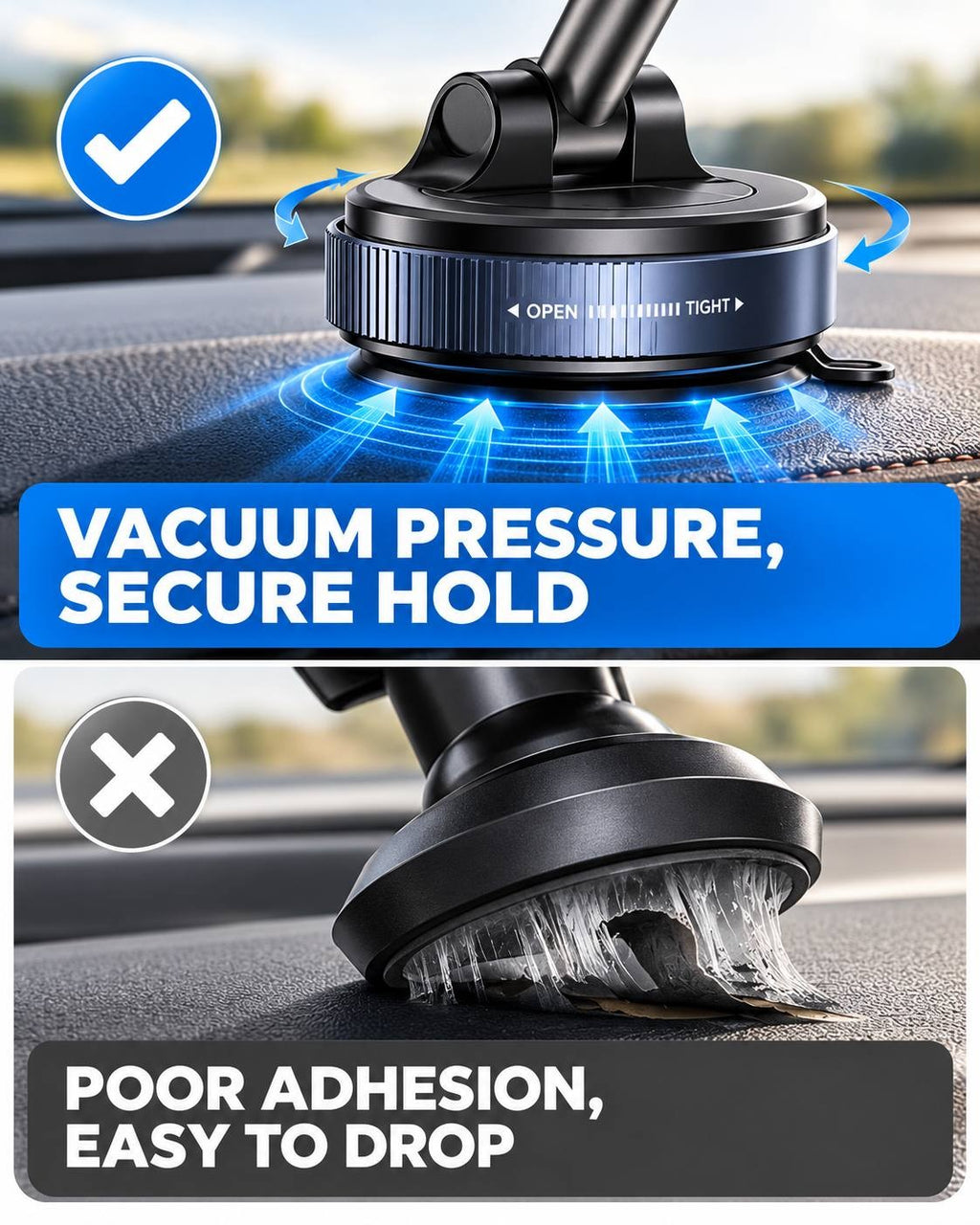Comparison chart showing reliable vacuum pressure suction lock mechanism versus poor sticky adhesion mounts that easily peel off and drop.