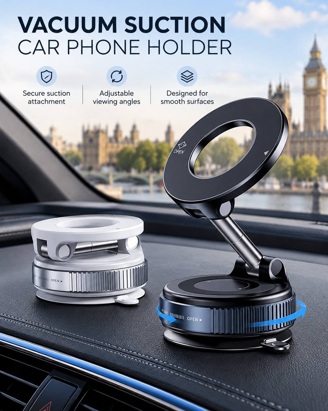 Studio comparison shot of the magnetic vacuum car phone holder shown in both expanded black metal and folded compact silver-white versions on a dashboard