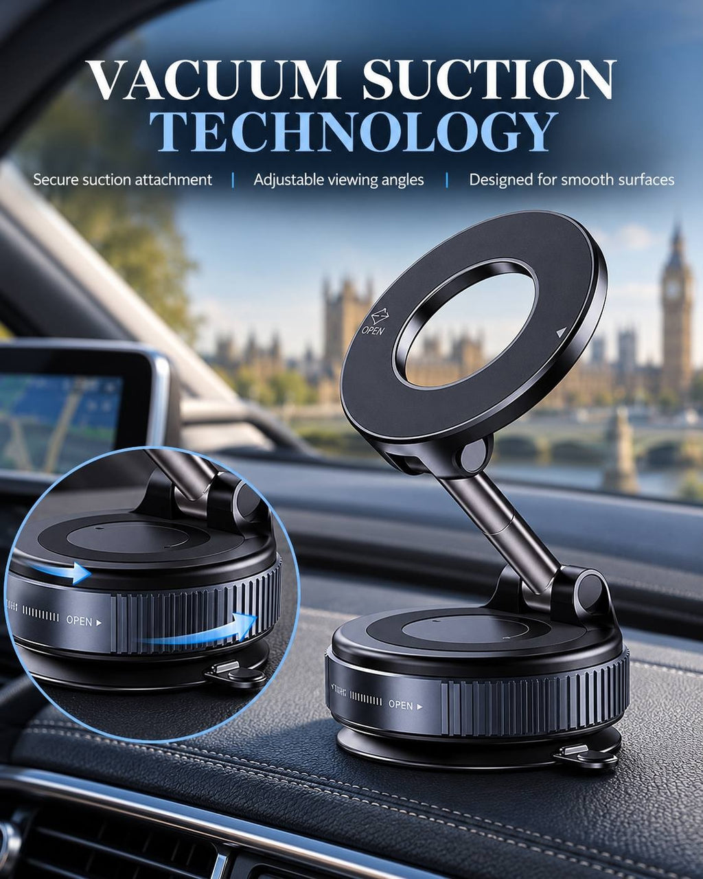 Close-up display of a black metallic vacuum suction car phone holder installed on a leather dashboard with a circular inset highlighting the rotation direction for vacuum locking