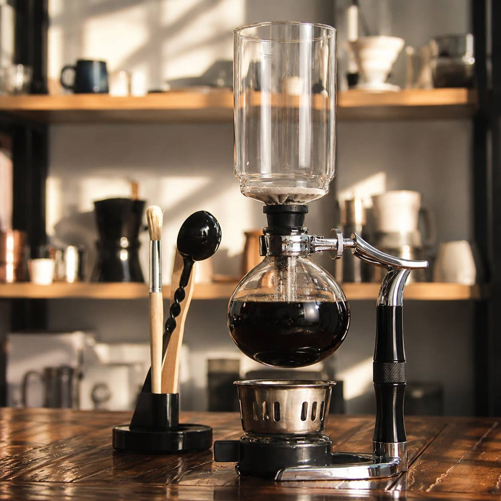Classic vacuum glass syphon coffee maker assembled on a wooden counter with a brush and measuring spoon aside