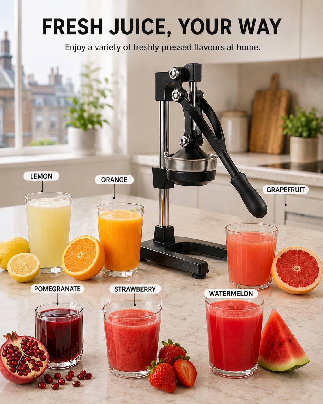 A black manual lever citrus juicer set on a kitchen countertop surrounded by glasses of freshly squeezed lemon, orange, grapefruit, pomegranate, strawberry, and watermelon juices, with sliced fruits placed nearby.