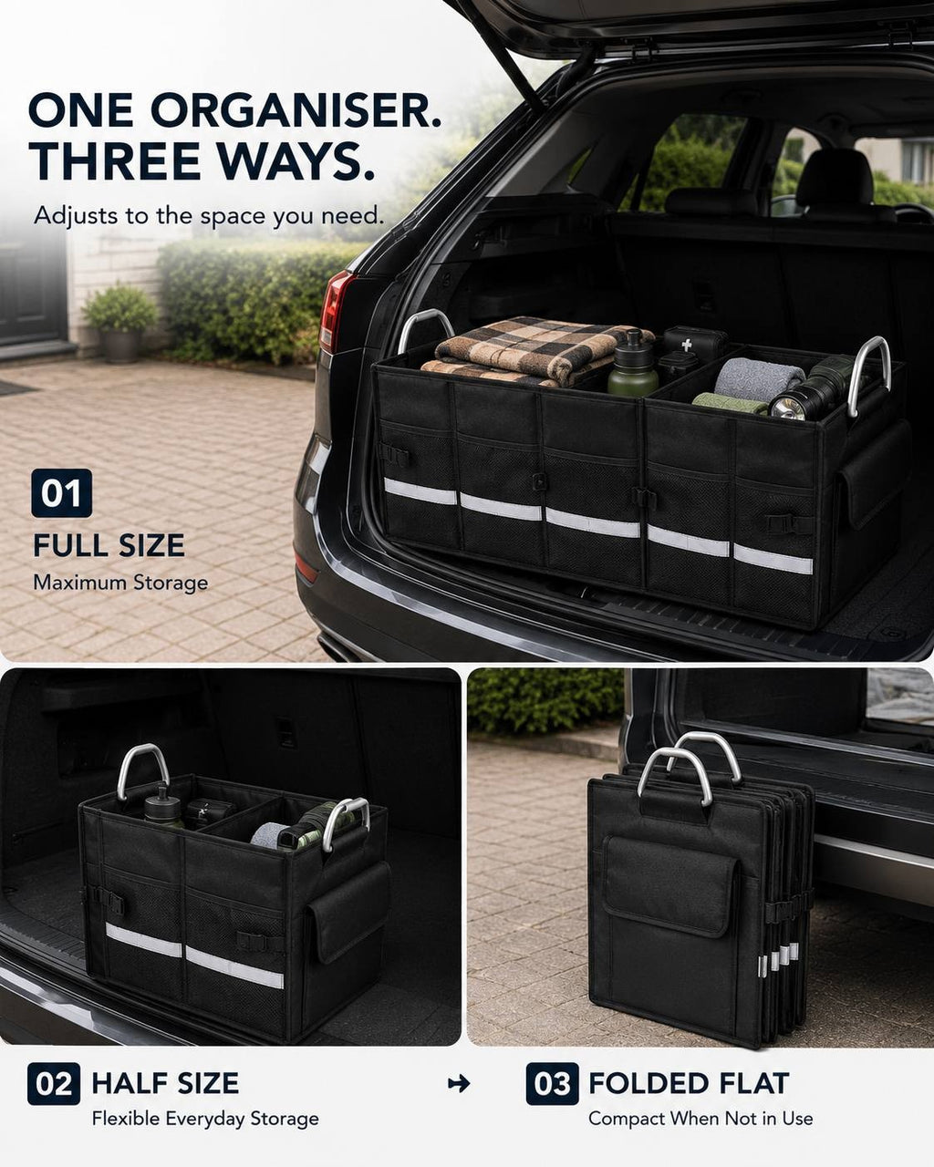 An informational graphic demonstrating one car organiser used in three ways: full size for maximum storage, half size for flexible everyday storage, and folded flat for compact storage when not in use.