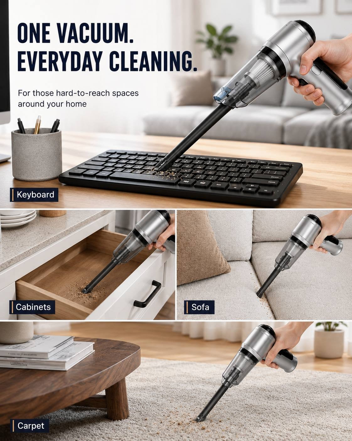 Promotional graphic reading "One Vacuum. Everyday Cleaning." showing a silver handheld vacuum cleaning a computer keyboard, with lower insets demonstrating its use in cabinets, on a sofa, and on a carpet.