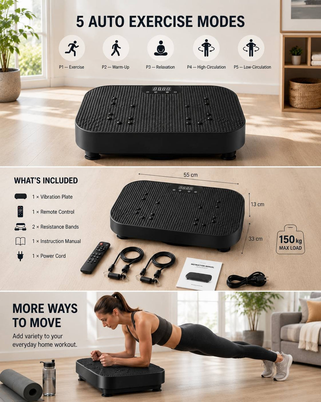 An informational graphic displaying 5 auto exercise modes, dimensions, a 150 kg maximum load capacity, and included items such as the vibration plate, remote control, and resistance bands.