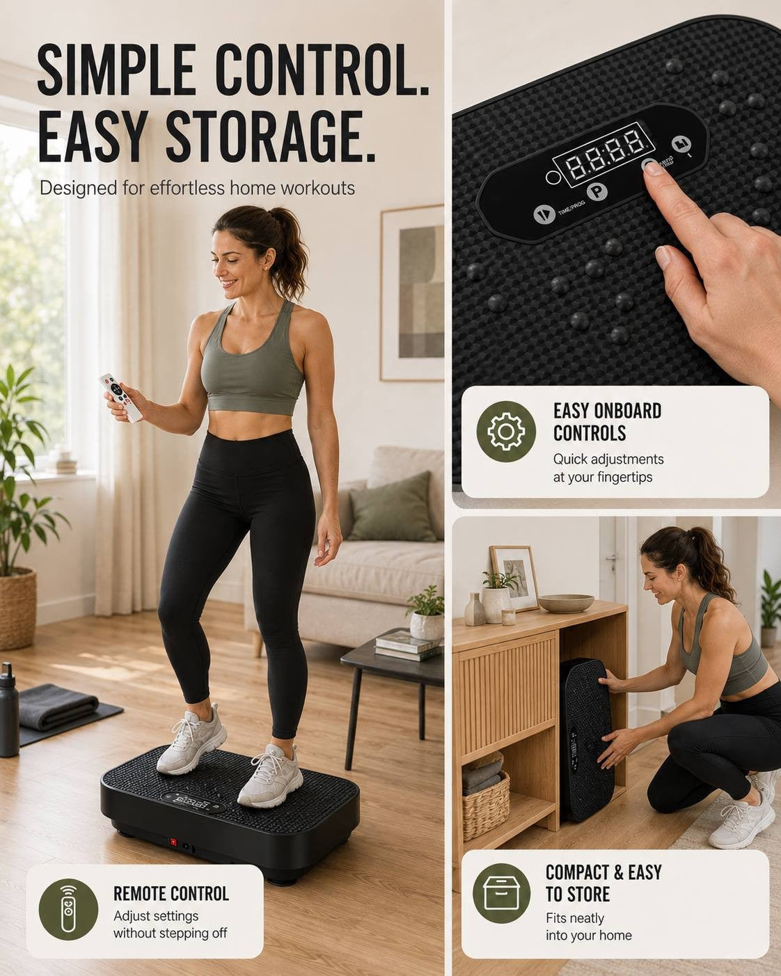 A composite product image demonstrating the features of a vibration platform, featuring a woman using the remote control, a close-up of a hand pressing the onboard touch buttons, and another shot of the compact unit being stored neatly inside a wooden cabinet shelf.